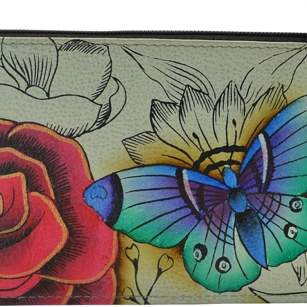 Women's Leather Organizer Wallet Hand-Painted Floral Art ID Card Coins